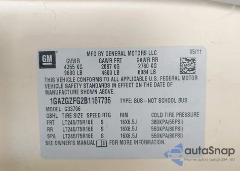 2011 Chevrolet Express G3500 Ls из США, поврежденный, VIN 1GAZGZFG2B1167736